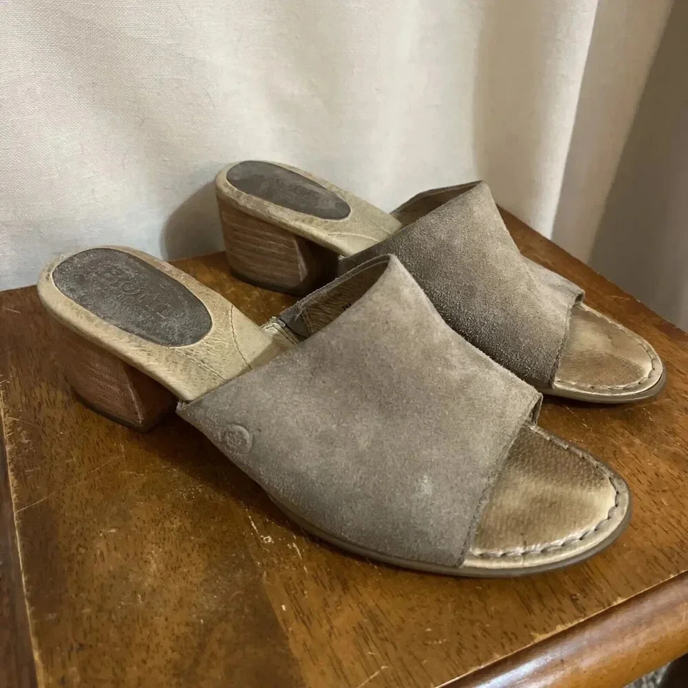 BORN Platform Slide Sandals Womens Size 7 Leather Suede Block Heel Open Toe Chic